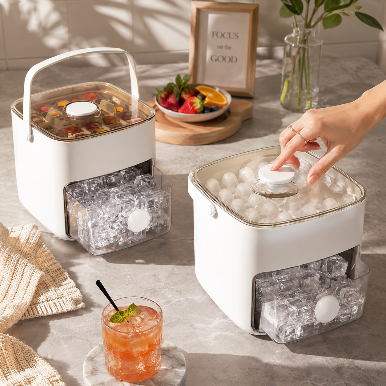 FrostFlow Ice Maker – Easy Press Ice Cube Tray with Storage Drawer