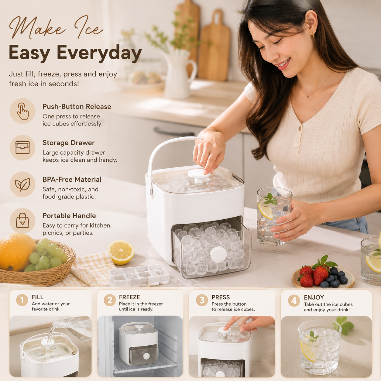 FrostFlow Ice Maker – Easy Press Ice Cube Tray with Storage Drawer