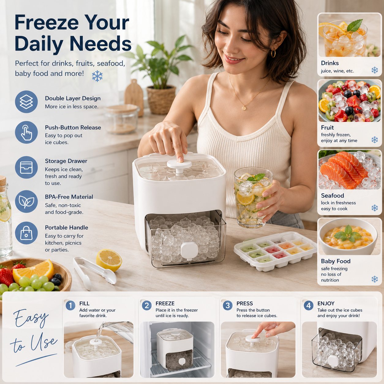 FrostFlow Ice Maker – Easy Press Ice Cube Tray with Storage Drawer